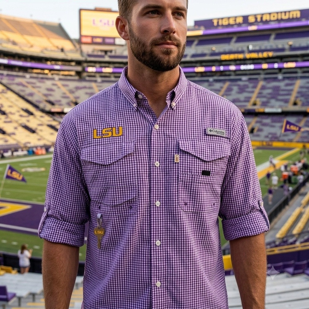 Columbia PFG Super Bonehead Shirt Mens XL Purple LSU Gingham Fishing Long Sleeve